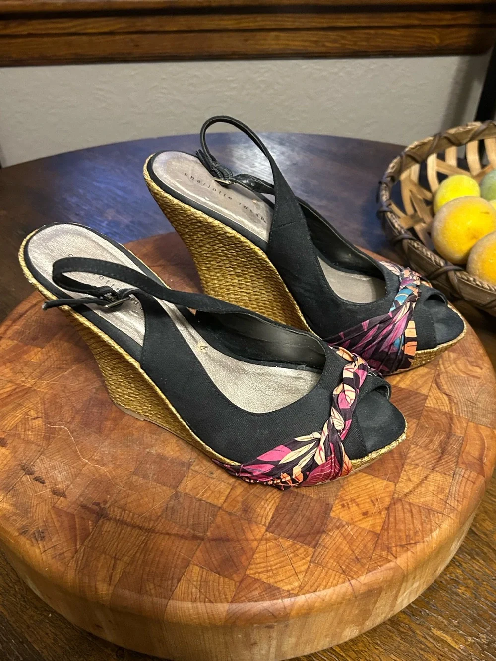 Charlotte Russe Black Slingback Wedge Heels with Multicolor Floral Knot